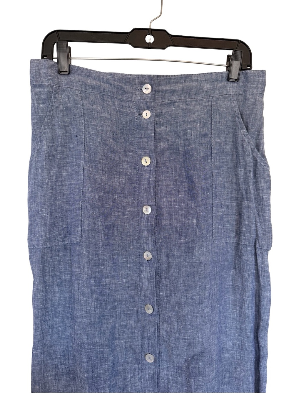 St Tropez West 100% Linen Maxi Skirt Blue Chambray Button Front Pockets Size L - Picture 3 of 6